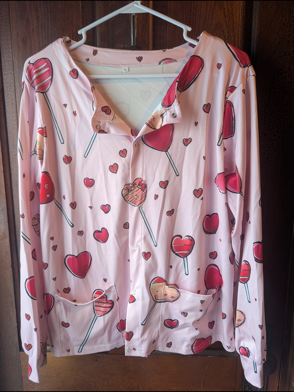 Pink Heart & Lollipop Print Button-Up Shirt Scrubs L